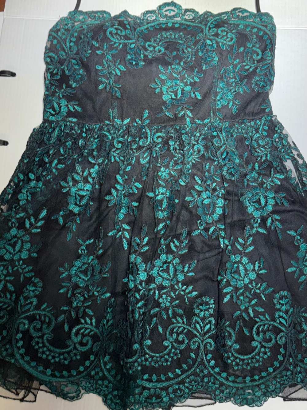 Strapless Black Dress with Teal Floral Lace